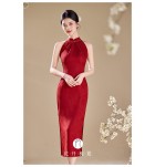 女裝紅色連身裙掛脖露肩改良旗袍