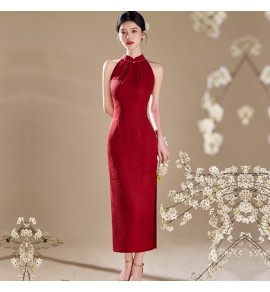 女裝紅色連身裙掛脖露肩改良旗袍