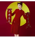 女裝文藝復古毛絨邊立領長袖中裙