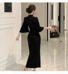 女裝連身裙立領喇叭袖開叉長裙