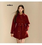 女裝羊毛外套斜領雙排扣雙面呢短款大衣