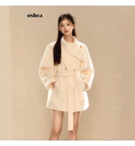 女裝羊毛外套斜領雙排扣雙面呢短款大衣