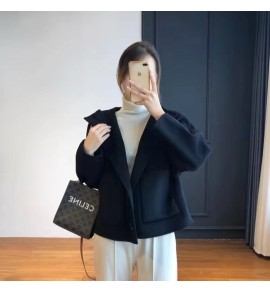 女裝雙面羊毛呢單排扣連帽短大衣