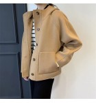 女裝雙面羊毛呢單排扣連帽短大衣