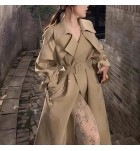女裝米白色翻領雙排扣風衣外套