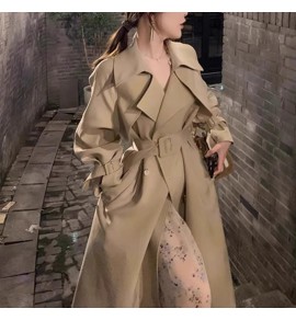 女裝米白色翻領雙排扣風衣外套