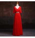 晚裝禮服裙V領披肩袖長裙