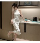 少女連身裙蕾絲花朵掛脖禮服裙