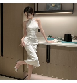少女連身裙蕾絲花朵掛脖禮服裙