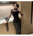 女裝連身裙圓領透視蕾絲長袖中長裙