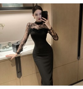 女裝連身裙圓領透視蕾絲長袖中長裙