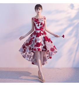少女禮服裙半透蕾絲圓領露背前短後長裙