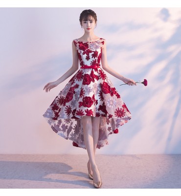 少女禮服裙半透蕾絲圓領露背前短後長裙