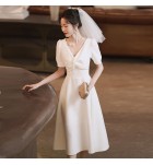 少女禮服裙V領交叉摺中長裙