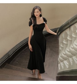 少女連身裙方領泡泡袖中長裙