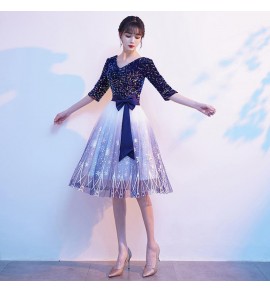 少女禮服裙V領蝴蝶結腰帶A字裙