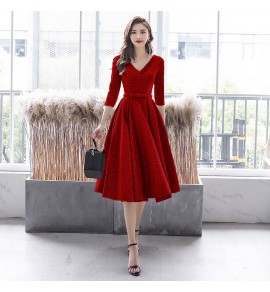 少女連身裙V領禮服中長裙