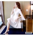 少女禮服裙V領開叉喇叭袖短裙