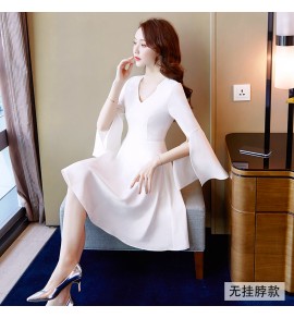 少女禮服裙V領開叉喇叭袖短裙