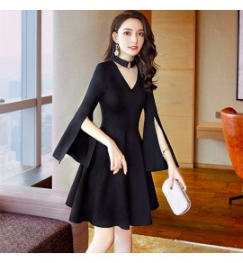 少女禮服裙掛脖開叉喇叭袖短裙