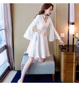 少女禮服裙掛脖開叉喇叭袖短裙