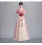 少女禮服裙V領泡泡袖長裙