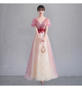 少女禮服裙V領泡泡袖長裙