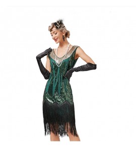 女裝復古V領流蘇亮片釘珠連身裙