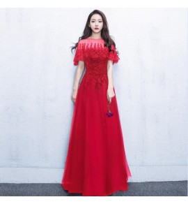 少女禮服裙透視網紗圓領長裙