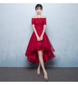 少女禮服裙一字肩短袖前短後長裙