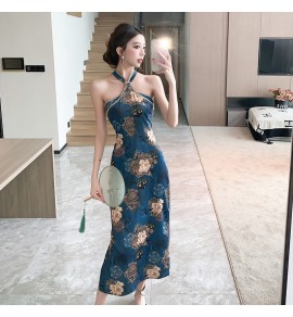 女裝連身裙碎花掛脖改良旗袍