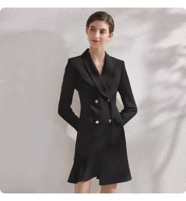 女裝連身裙西裝領雙排扣不規則荷葉裙襬