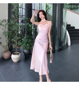 少女連身裙緞面吊帶立體花朵禮服裙