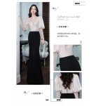 少女禮服裙V領燈籠袖魚尾長裙
