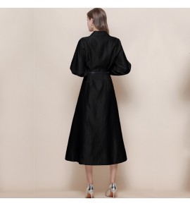 女裝連身裙V領單排扣中長裙
