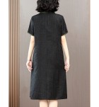 女裝連身裙圓領短袖刺繡中長裙