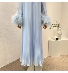 連身裙圓領鑲鑽駝鳥毛袖百褶裙