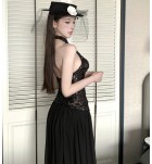 少女禮服裙掛脖露背黑色亮片長裙