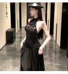 少女禮服裙掛脖露背黑色亮片長裙