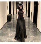 少女禮服裙掛脖露背黑色亮片長裙