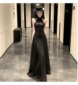 少女禮服裙掛脖露背黑色亮片長裙