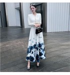 女裝連身裙V領水墨印花長裙