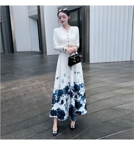 女裝連身裙V領水墨印花長裙