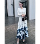 女裝連身裙V領水墨印花長裙