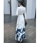 女裝連身裙V領水墨印花長裙