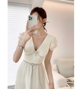 女裝連身裙V領鑽飾蝴蝶結中裙