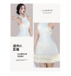 少女連身裙掛脖露肩木耳花邊A字裙