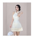 少女連身裙掛脖露肩木耳花邊A字裙