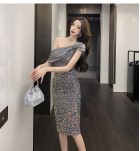 少女連身裙歐根紗斜肩禮服裙