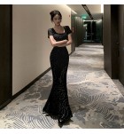 少女禮服連身裙方領燙鑽魚尾裙